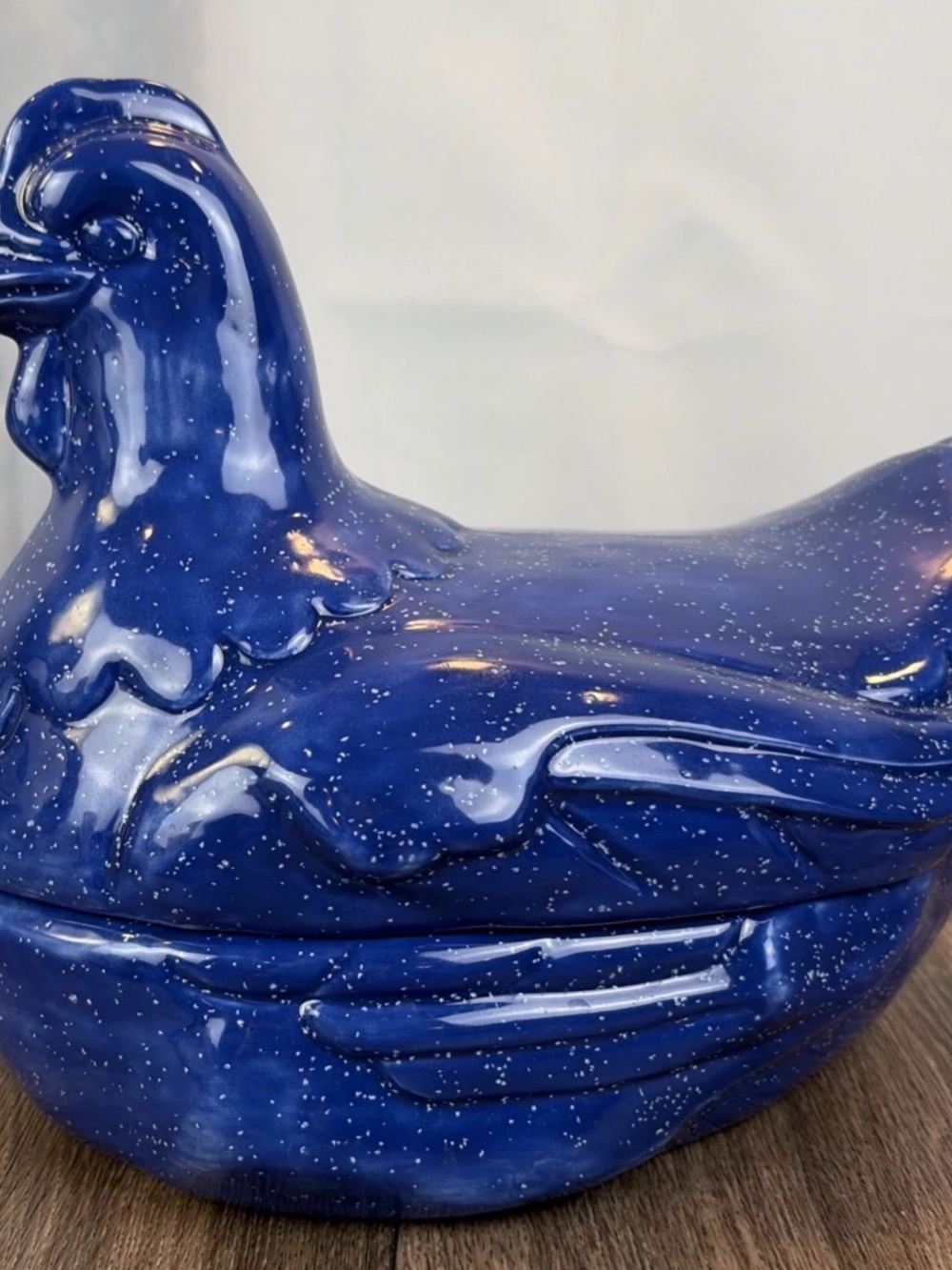 Vintage Cobalt Blue Speckled Ceramic Hen on Nest Lidded Dish Country Kitchen